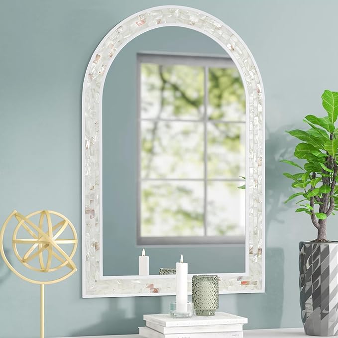 Tanmicoshomy White Arched Wall Mirror 24x36 Inch, Mosaic Shell Framed Bathroom Mirrors with Tempered Glass for Bathroom Living Room Bedroom or Entryway