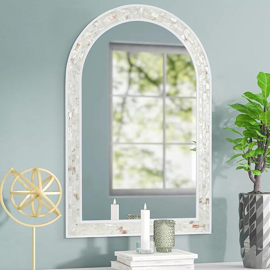 Tanmicoshomy White Arched Wall Mirror 24x36 Inch, Mosaic Shell Framed Bathroom Mirrors with Tempered Glass for Bathroom Living Room Bedroom or Entryway