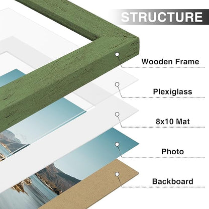 Vittanly 11x14 Picture Frames Set of 9, Shatter Resistant Plexiglass, Display 8x10 Pictures with Mat or 11x14 without Mat, Photo Frames for Wall or Tabletop, Engineered Wood, Rustic Green