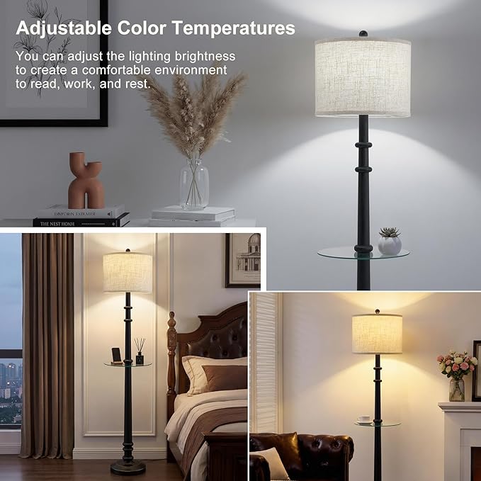 EJIAXIN Floor Lamps for Living Room with Side Table - 60" Resin Farmhouse Floor Lamp with Adjustable Color Temperatures - Vintage Standing Lamp Reading Light Retro Tall Lamp for Bedroom Office, Black