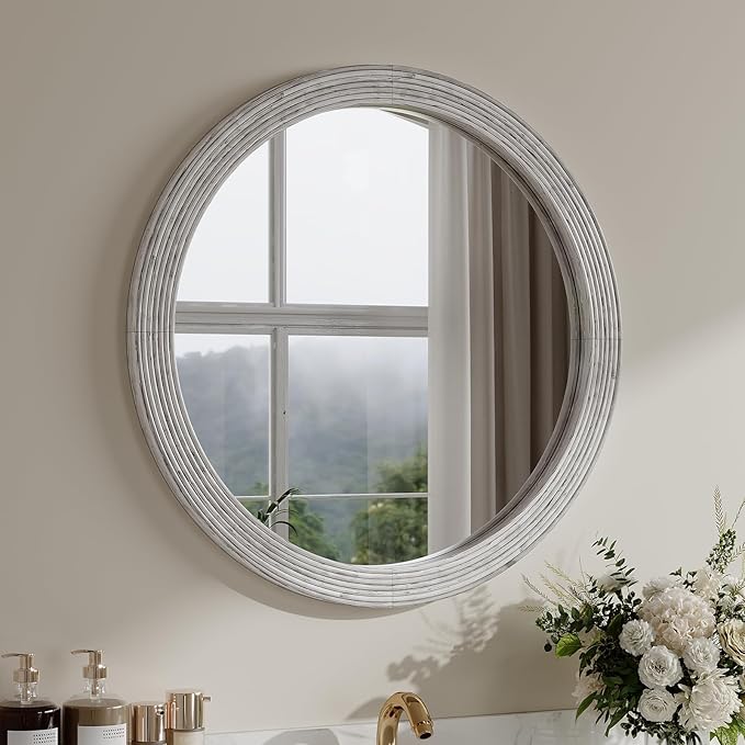 ULIKE Round Mirror for Bathroom 30x 30 Inch, Farmhouse Rustic Wood Frame Wall Mirror, White Vanity Circle Mirror for Bedroom Living Room Entryway Decor