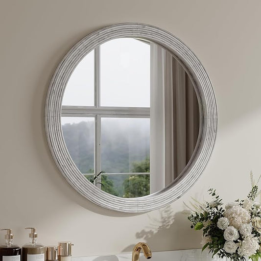 ULIKE Round Mirror for Bathroom 30x 30 Inch, Farmhouse Rustic Wood Frame Wall Mirror, White Vanity Circle Mirror for Bedroom Living Room Entryway Decor