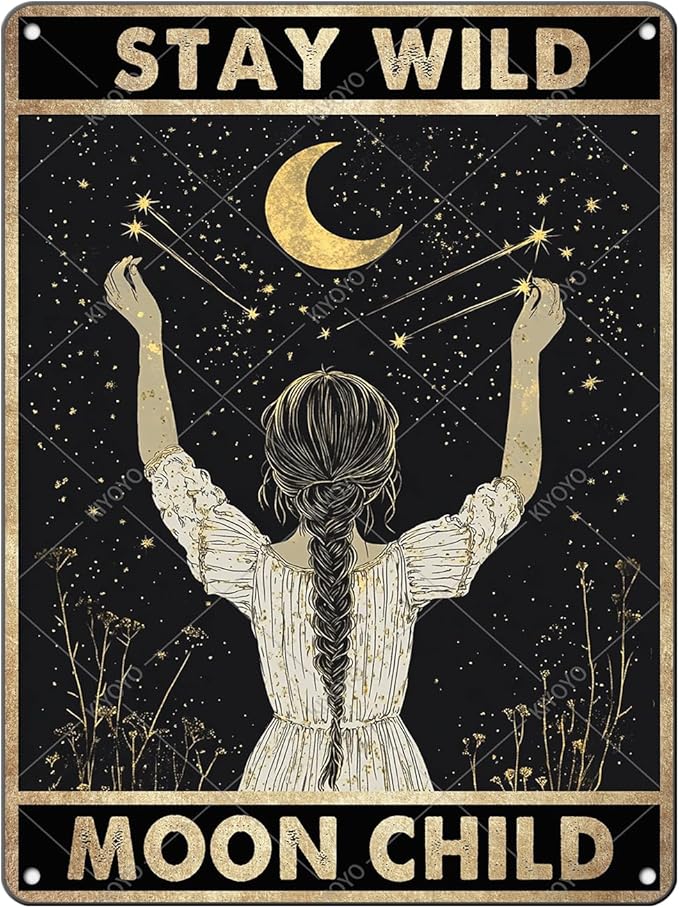Moon Girl Wall Decor Stay Wild Moon Child Metal Tin Sign Retro Wall Decor for Bathroom Living Room Coffee Bar 16x12 Inch