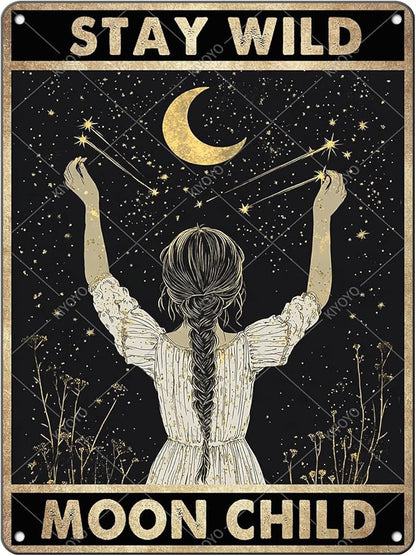 Moon Girl Wall Decor Stay Wild Moon Child Metal Tin Sign Retro Wall Decor for Bathroom Living Room Coffee Bar 16x12 Inch