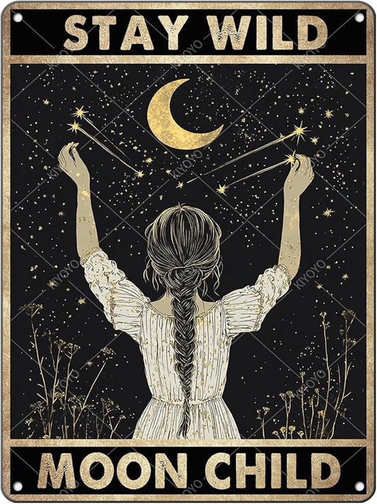 Moon Girl Wall Decor Stay Wild Moon Child Metal Tin Sign Retro Wall Decor for Bathroom Living Room Coffee Bar 16x12 Inch