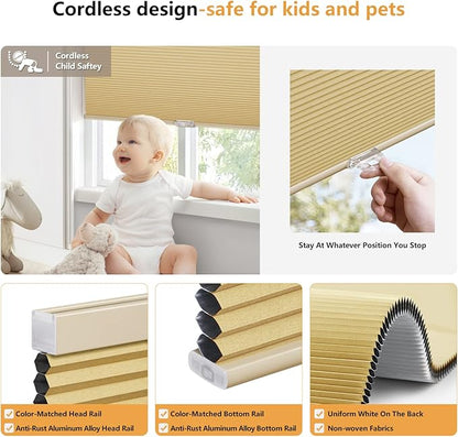 LazBlinds Cordless Cellular Shades, Blackout Room Darkening Custom Cut to Size Honeycomb Shades Thermal Insulation Noise Reduction Blinds for Windows, Yellowish-Brown