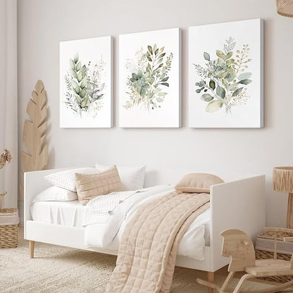 Watercolor Botanical Wall Art Set of 3 Boho Floral Canvas Wall Decor Prints Sage Green Wildflower Wall Art Modern Flower Pictures Botanical Painting for Bedroom Bathroom 12x16 Inch Wrapped Canvas