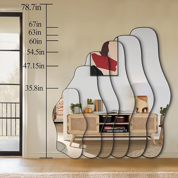 Large Irregular Mirror, 63"x30" Asymmetrical ﻿Tempered Glass Mirrors Full Length, Organic Frameless Wall Mirrors for Living Room Bedroom Entryway Hallway, Hangs Vertically or Horizontally