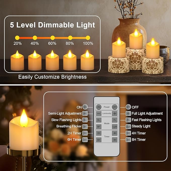 PChero Rechargeable Flameless Candles with Remote Timer & Charging Base, 6 Pack Votive Candles Battery Operated Tea Lights Flickering, LED Tealights for Home Wedding Halloween Fall Christmas Decor