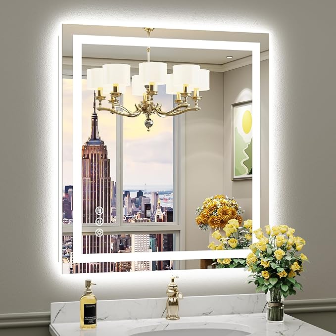 Briivue 36x32 Inch LED Bathroom Mirror with Lights, Backlit & Front Lit, Anti-Fog Lighted Bathroom Vanity Mirror for Wall, Memory Function, Dimmable, HD Tempered Glass, Shatter-Proof