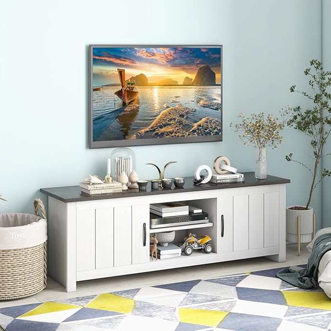 Tangkula 2 Doors TV Stand for TVs up to 65”, 57” TV Console Table w/ 2 Cabinets & Open Shelves, Media Entertainment Center w/ 2 Cable Management Holes, Wood TV Cabinet for Living Room (Dark Brown)