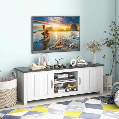 Tangkula 2 Doors TV Stand for TVs up to 65”, 57” TV Console Table w/ 2 Cabinets & Open Shelves, Media Entertainment Center w/ 2 Cable Management Holes, Wood TV Cabinet for Living Room (Dark Brown)