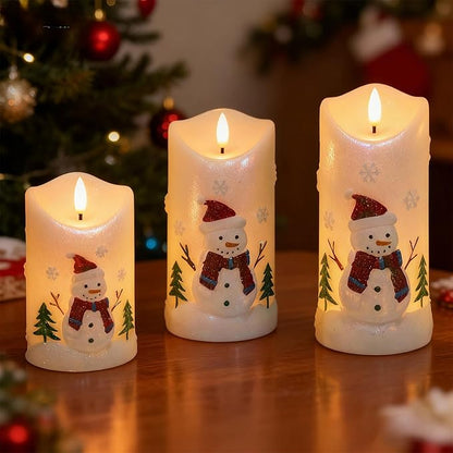 Snowman Flameless Candles Battery Operated with Remote and Timer Real Wax 3D Wick Flickering LED Pillar Candles Color Painted Carved Snowflake Christmas Holiday Decor(3" D x 5", 6", 7" H)
