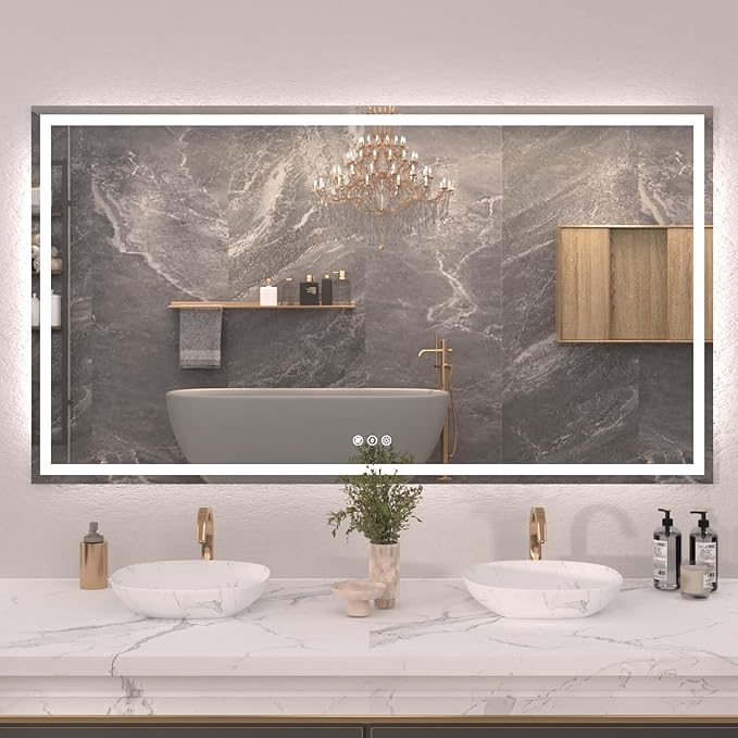 Snowdool 72"X40" LED Bathroom Mirror with Front Lights and Backlit, Anti-Fog, Dimmable, Shatter-Proof Tempered Glass, Lighted Bathroom Vanity Mirror for Wall with 3 Colors, Memory Function