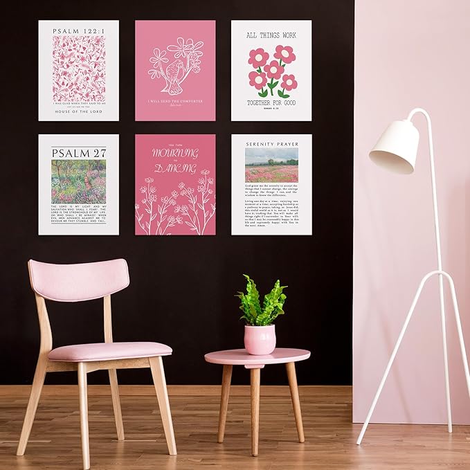 Habseligkeit Pink Flower Wall Art Prints, Retro Wall Decors for Room Aesthtic, Abstract Posters for Girls Bedroom Decor Aesthetic Unframed, 8X10in, Set of 6