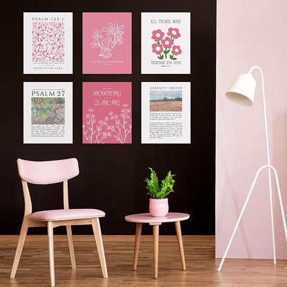 Habseligkeit Pink Flower Wall Art Prints, Retro Wall Decors for Room Aesthtic, Abstract Posters for Girls Bedroom Decor Aesthetic Unframed, 8X10in, Set of 6