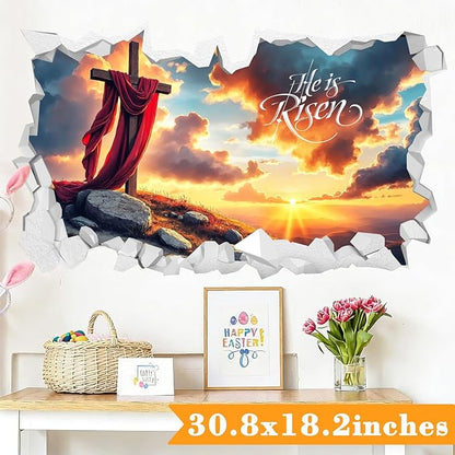 Easter Wall Decoration Stickers He is Risen Wall Art Vinyl Decals Peel and Stick 3D Broken Cross Landscape Stickers Religious Christian Art Murals for Spring Holiday Living Room Kitchen Supplies