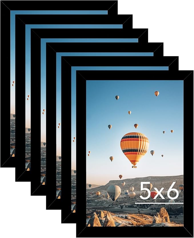 JCJMY 5x6 Black Picture Frame Set of 6, Horizontal and Vertical Formats for Wall Hanging, 5 x 6 Wall Gallery Poster Photo Frames with Shatter Resistant Plexiglass, 6 Pack, Black