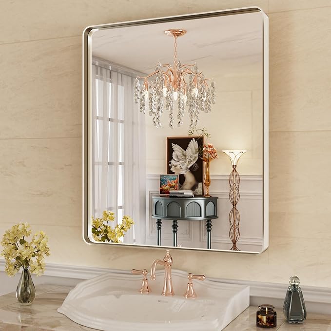 WEER 36X30 Inch Brushed Nickel Bathroom Mirror, Brushed Silver Metal Frame Mirror, Rounded Rectangle Silver Bathroom Vanity Mirror, Tempered Glass, Anti-Rust, Hangs Horizontally or Vertically