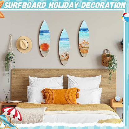 Tatuo 3 Pcs Summer Coastal Wall Decor Bathroom Beach Blue Wall Art Sea Turtle Surfboard Seahorse Starfish Seashell Conches Crabs Sea Life Decor for Bedroom Home (Surfboard)
