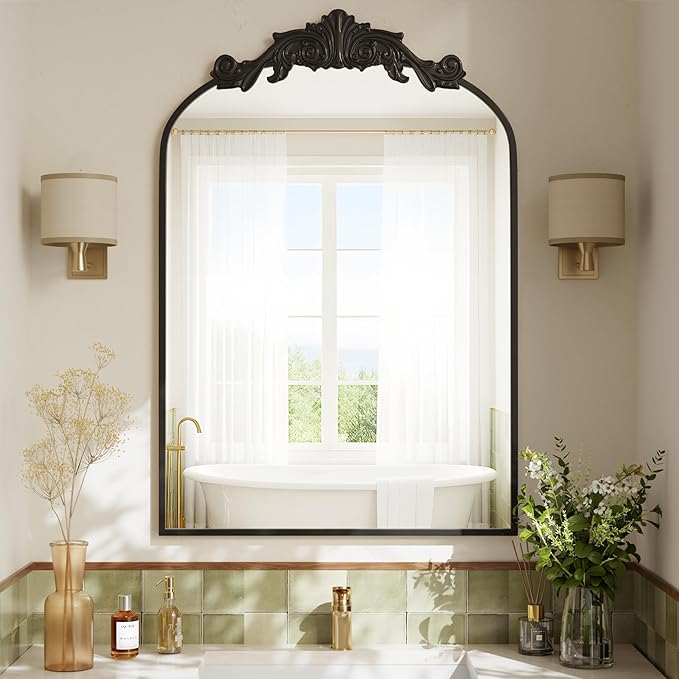 VooBang Vintage Arched Bathroom Mirror, 24x36 Inch Retro Wall Mounted Vanity Mirror with Carved Pattern Top and Metal Frame, Black Decorative Mirror for Hanging or Leaning