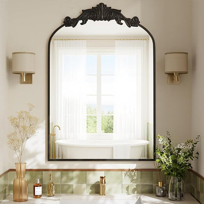 VooBang Vintage Arched Bathroom Mirror, 24x36 Inch Retro Wall Mounted Vanity Mirror with Carved Pattern Top and Metal Frame, Black Decorative Mirror for Hanging or Leaning