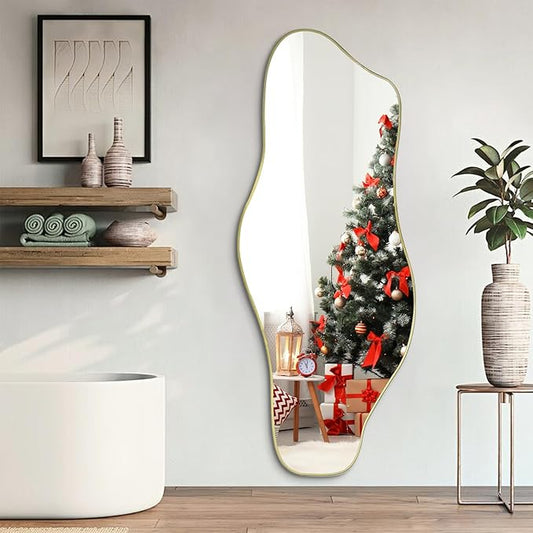 Irregular Wall Mirror, 60"x24" Large Asymmetrical Tempered Glass Mirror, Gold Modern Organic Frameless Mirrors for Living Room Bedroom Hallway Entryway, Horizontal or Vertical Hanging