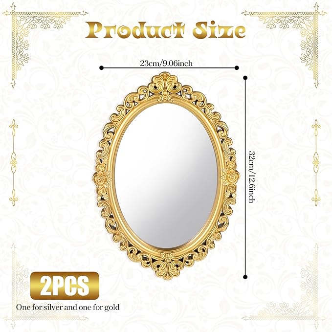 Ptwola 2PCS Vintage Decorative Wall Mirror Small Oval Wall Hanging Mirrors Antique Gold Carved Framed Mirror for Entryways Bedroom Living Room Dresser Decor