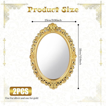 Ptwola 2PCS Vintage Decorative Wall Mirror Small Oval Wall Hanging Mirrors Antique Gold Carved Framed Mirror for Entryways Bedroom Living Room Dresser Decor
