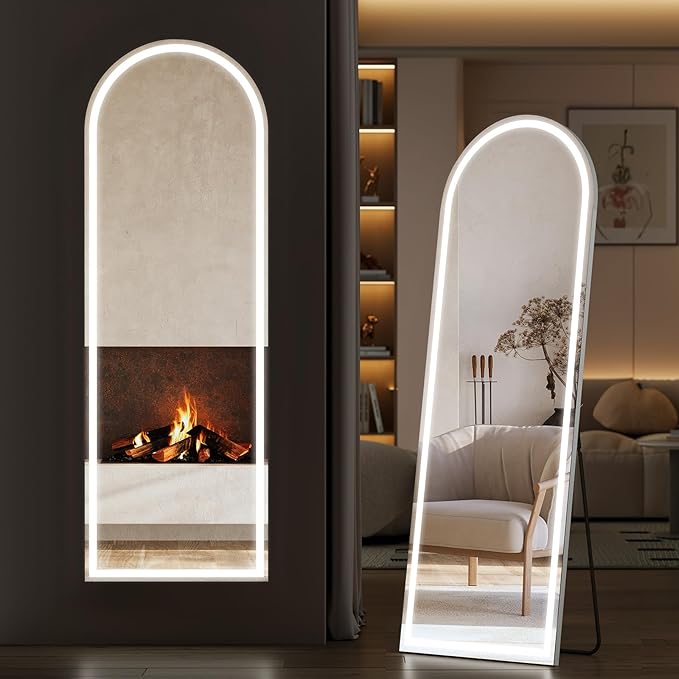Sweetcrispy Arched Full Length Mirror with LED Lights, 61"x17" Lighted Full Body Floor Mirror with Dimming & 3 Color Lighting, Stand for Bedroom, Dressing Room