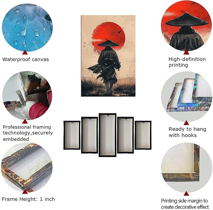 Japanese Wall Art Samurai Painting Canvas Prints Japaneses Martial Pictures Culture Art Posters Artwork Home Decor Framed for Living Room Bedroom Office (28''W x 44''H)