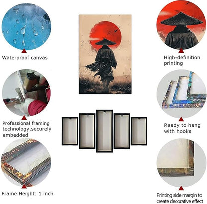 Japanese Wall Art Samurai Painting Canvas Prints Japaneses Martial Pictures Culture Art Posters Artwork Home Decor Framed for Living Room Bedroom Office (24''W x 36''H)