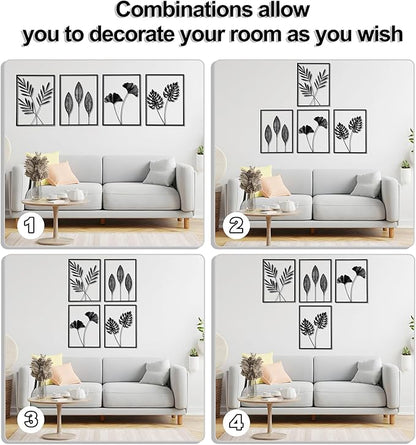 QXSXKJ Black Metal Wall Decor Framed, Minimalist Abstract Black Line Art DéCor, 3d Modern Metal Wall Art, 4 Piece Home Art for Living Room Bedroom Bathroom