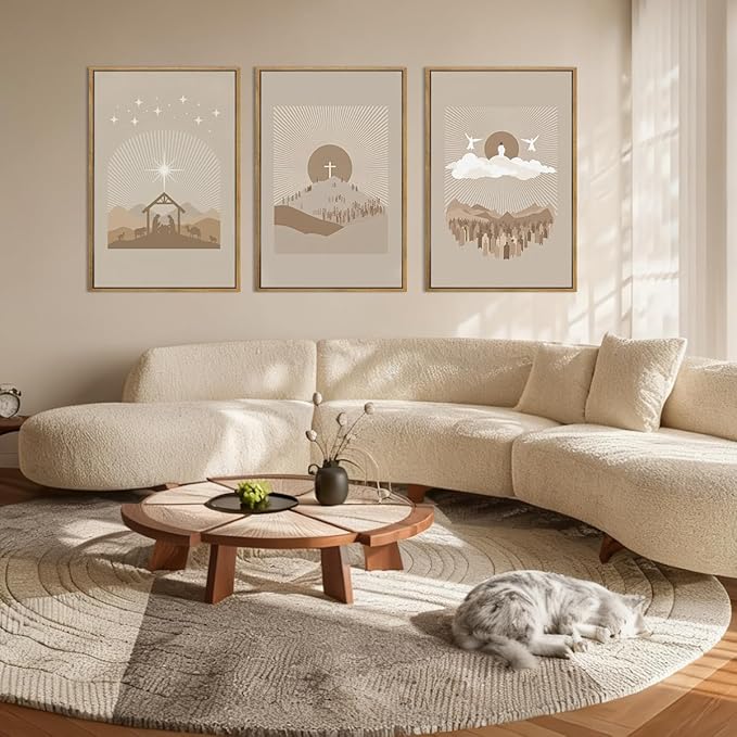 IARTTOP Extra Large Jesus Framed Wall Art 24x36 Inch Set of 3 Easter Brown Nativity Christian Canvas Wall Decor Grey Bible Verse Artwork for Church Living room Bedroom
