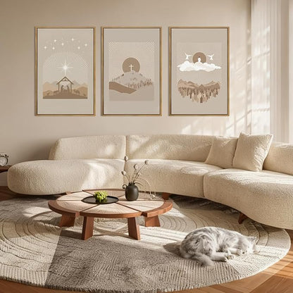 IARTTOP Extra Large Jesus Framed Wall Art 24x36 Inch Set of 3 Easter Brown Nativity Christian Canvas Wall Decor Grey Bible Verse Artwork for Church Living room Bedroom