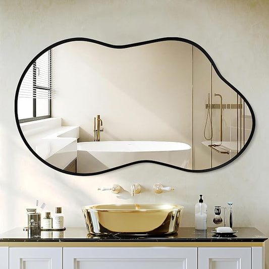 Dorlicecass Bathroom Mirror - Black Irregular Wall Mirrors Decorative 26"x46" Asymmetrical Tempered Glass Aviation Aluminum Alloy Frame for Vanity, Bedroom, Living Room, Cloakroom, Entryway
