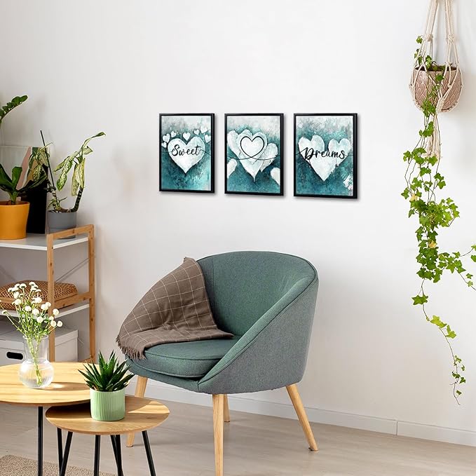 sechars Sweet Dreams Wall Decor Love Heart Painting Wall Art Modern Teal and Grey Bedroom Decorations (Teal)