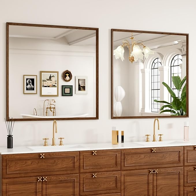 JISOSO Bathroom Vanity Mirror 36x36 Inch, Walnut Rectangle Bathroom Mirror, Anti-Rust, 4MM Tempered Glass, Wall-Mounted Mirror, Hangs Horizontally or Vertically for Bathroom & Bedroom