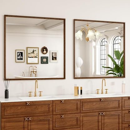 JISOSO Bathroom Vanity Mirror 36x36 Inch, Walnut Rectangle Bathroom Mirror, Anti-Rust, 4MM Tempered Glass, Wall-Mounted Mirror, Hangs Horizontally or Vertically for Bathroom & Bedroom