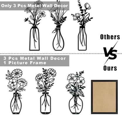 Lcaughsy Metal-Wall-Art Decoration - Metal Wall Decor Floral and Picture Frame For Living Room, 3 Pcs Hanging Wall Decor Art for Home Dining Room Bedroom Kitchen Farmhouse, Black