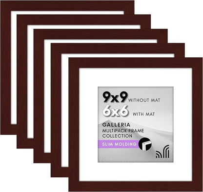 Americanflat 9x9 Picture Frame with Polished Plexiglass - Set of 5 - Use as 6x6 Frame with Mat or Display 9x9 Photo Without Mat - Galleria Collection - Square Frames for Tabletop and Wall - Mahogany