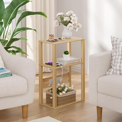 YUFAM Small Narrow Wood Side Table with Charging Station, 3-Tier Slim End Table for Small Space, Skinny Nightstand with Storage for Couch, Thin Bedside Table with USB Ports and Outlets, Natural