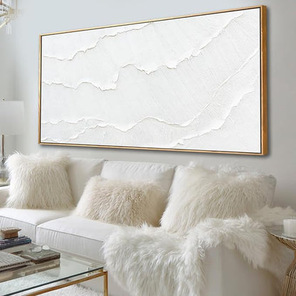 Contemporary White Abstract Hand-drawn Wall Art with Framed Large Canvas Ocean waves Painting for Living Room Bedroom Above Couch Decor 29"x58"