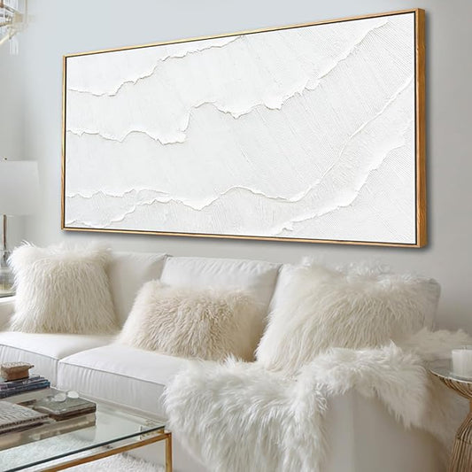 Contemporary White Abstract Hand-drawn Wall Art with Framed Large Canvas Ocean waves Painting for Living Room Bedroom Above Couch Decor 29"x58"