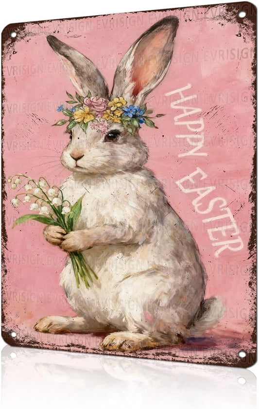 Happy Easter Bunny Metal Sign Pink Background Design Rustic Farmhouse Wall Art For Home Kitchen Garden Spring Decor 12x16Inch