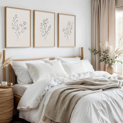 HLUSSBLIEB 3Pcs beige floral art，minimalist botanical line art，modern black and white wall art，Neutral Botanical Floral Wall Art，for Living Room Bedroom Office （16 * 24in） Unframed