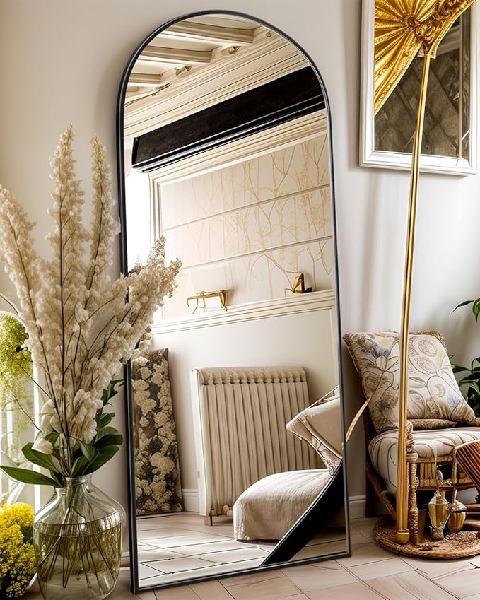 Antok 64" x21” Arched Full Length Floor Mirror, Black Aluminum Frame, Free Standing/Wall Mount/Leaning for Bedroom, Living Room, Dressing Room