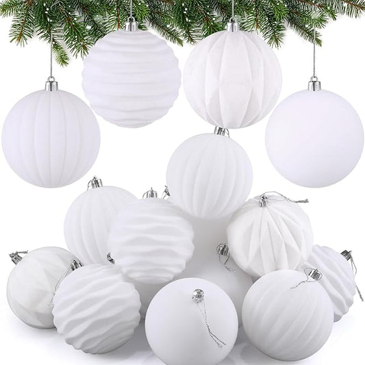Liliful 12 Pcs Velvet Christmas Ornaments Balls, 4 Inch Flocked Plastic Christmas Tree Ball Shatterproof Hanging Ornaments Decorations for Xmas Tree Vintage Holiday Rustic Home Decor(White)