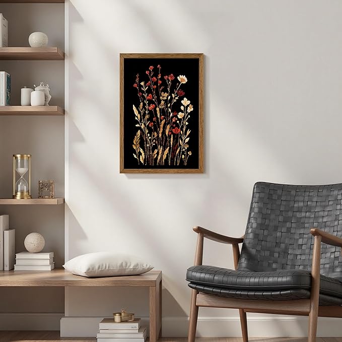 JLTULT Vintage Floral on Black Background Canvas Wall Art, Elegant Dark Wildflower Wall Decor, Botanical Painting Art Prints for Bedroom Bathroom Living Room Office 16x24 In Wood Framed Easy to Hang