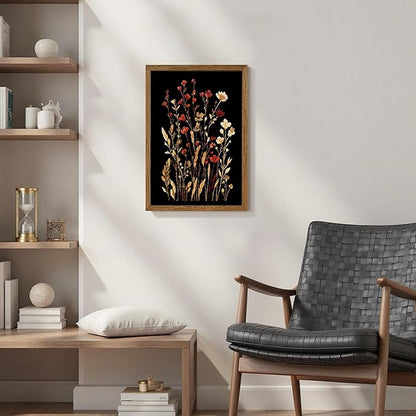 JLTULT Vintage Floral on Black Background Canvas Wall Art, Elegant Dark Wildflower Wall Decor, Botanical Painting Art Prints for Bedroom Bathroom Living Room Office 16x24 In Wood Framed Easy to Hang